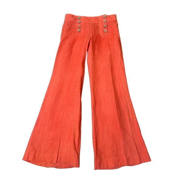 Elevenses sailor pants wide leg trouser 100% linen coral orange SZ 0 high waist - Picture 2 of 9